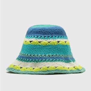 NWOT Wide Brim Crochet Bucket Hat in Multi/Blue